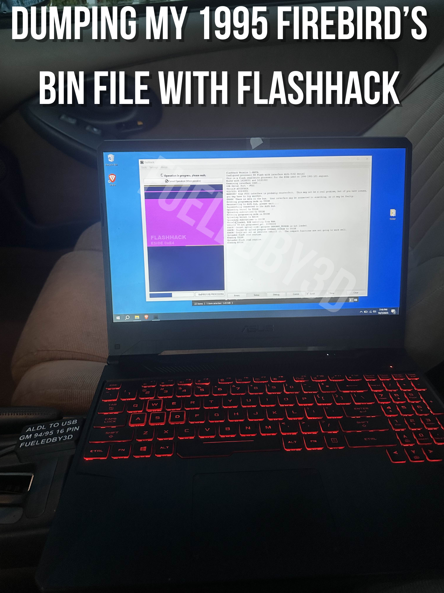LT1 ALDL USB cable connected to laptop running EEHack